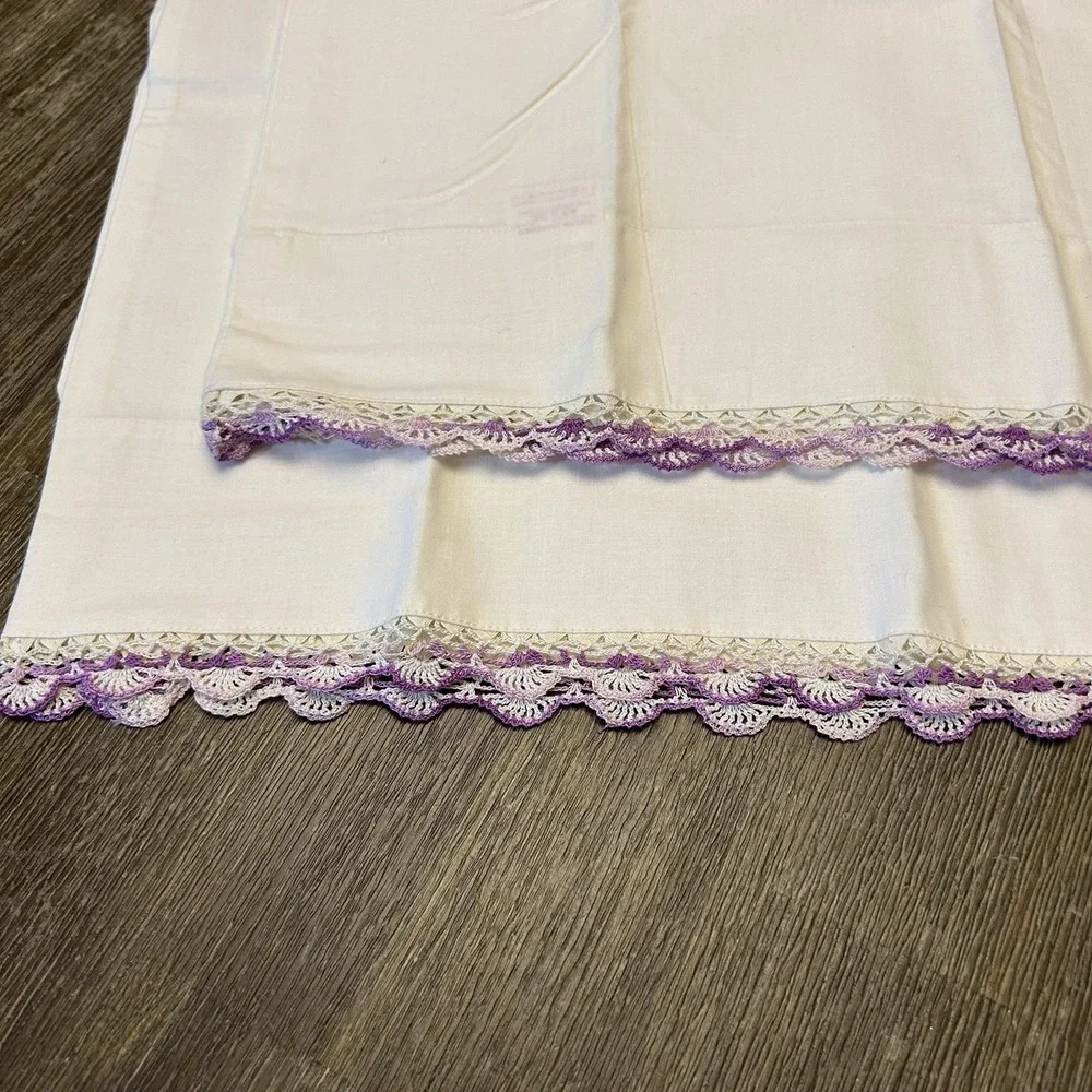 Vtg Stevens Mohawk Cotton Linens 4pc Hand Crochet Purple Floral Pillowcase Shams